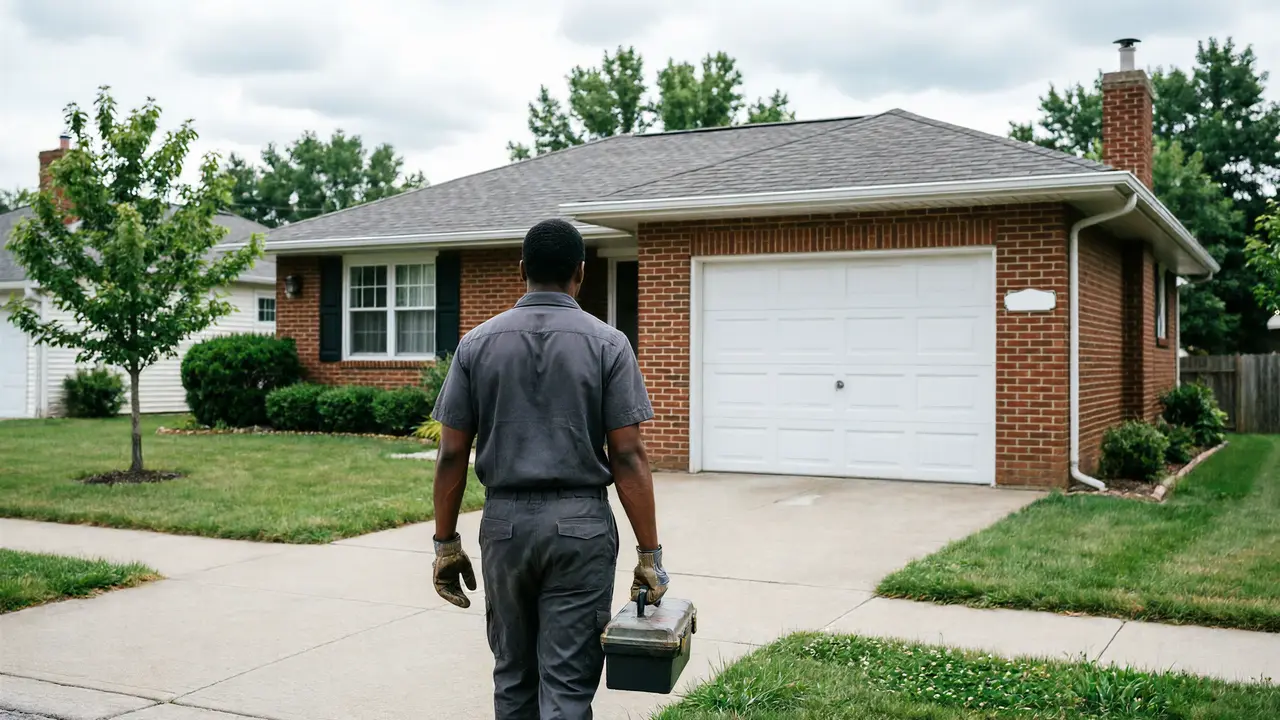 Technician kneeling to adjust the bottom of the track on a dark gray garage door