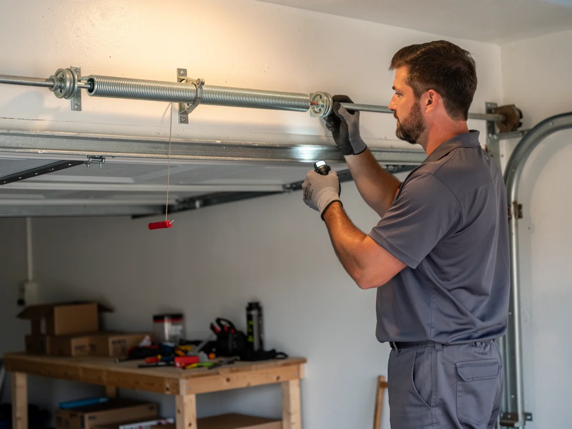 A technician in a gray shirt is inspecting a garage door torsion spring.