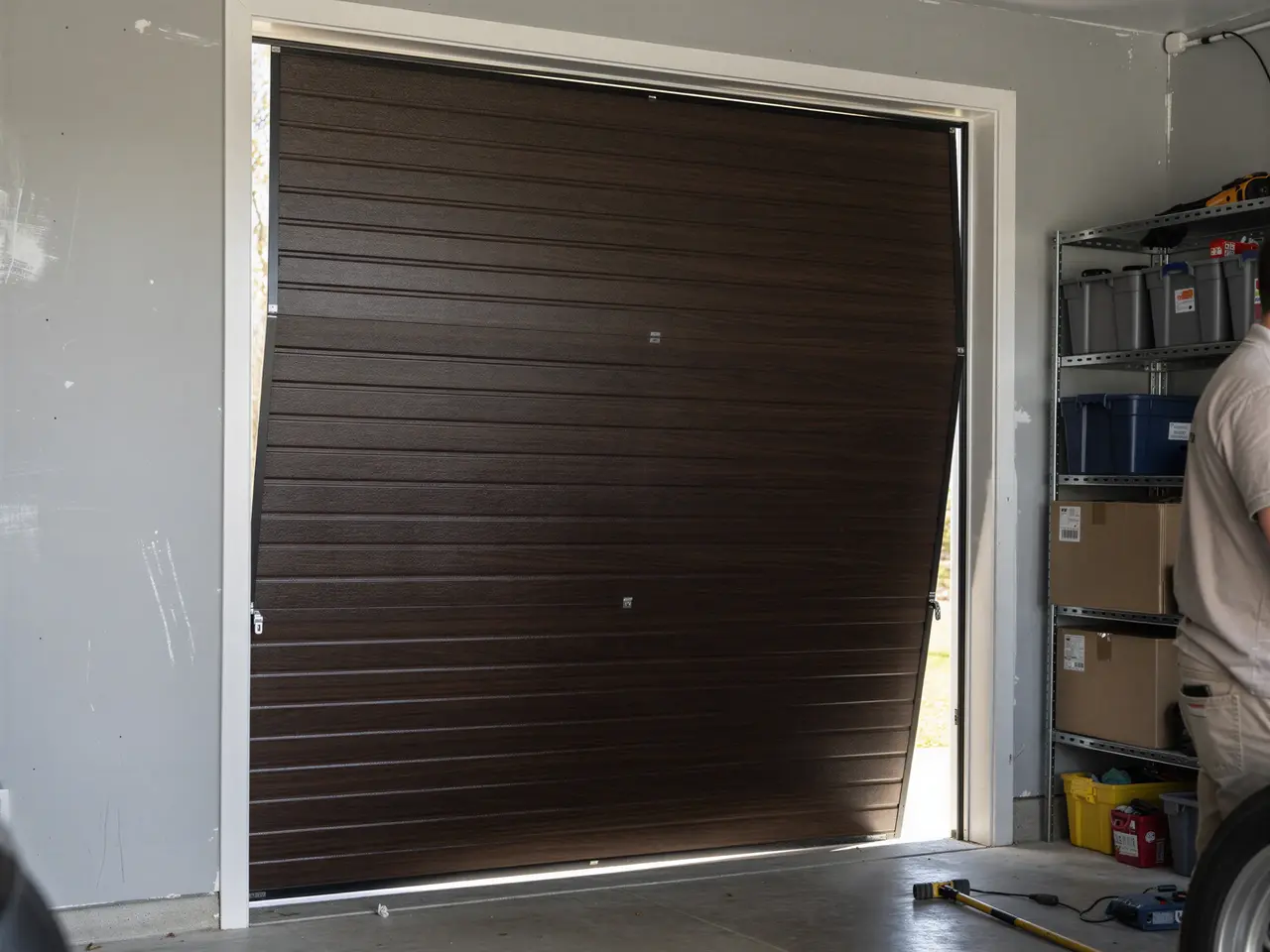 A dark brown garage door is partially open and tilted to the right.